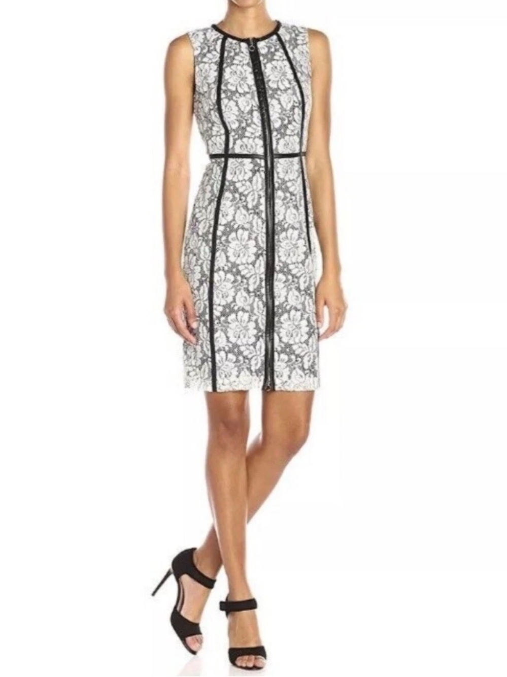 NWT Calvin Klein Sleeveless White Lace Dress with Black Trim